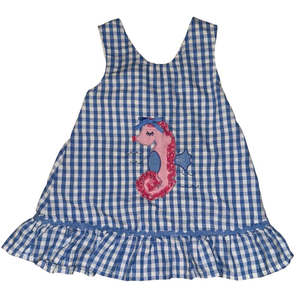 Nannette Seahorse Gingham Ruffle Top Toddler 4T Beach Vacation Summer Spring Bow